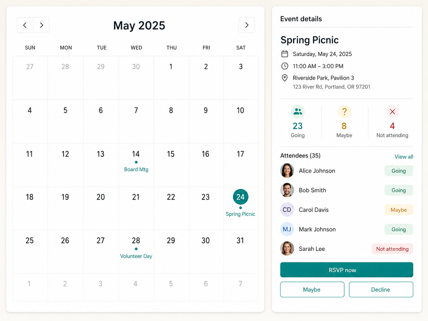 Events calendar screen